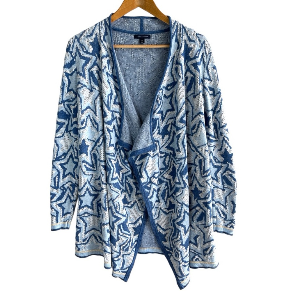 Tommy Hilfiger Blue White Star Print Longline Open Front Cardigan Size Small